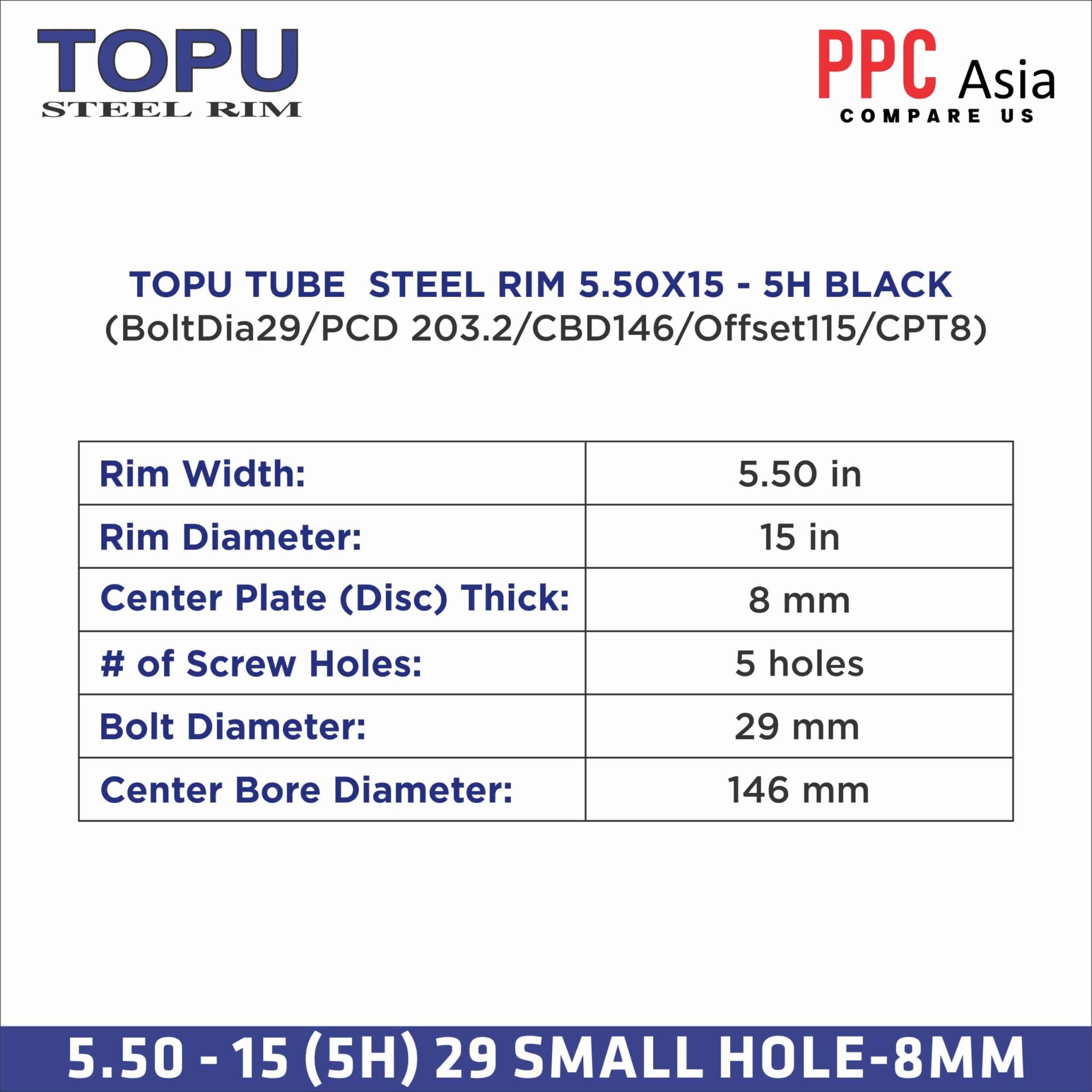 TOPU STEEL RIM 5.50 - 15 (5H) 29 SMALL HOLE-8MM - Image 2
